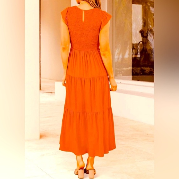 ZESICA 2025 Summer Casual Flutter Sleeve Smocked Elastic Waist Tiered Midi Dress - Picture 3 of 7